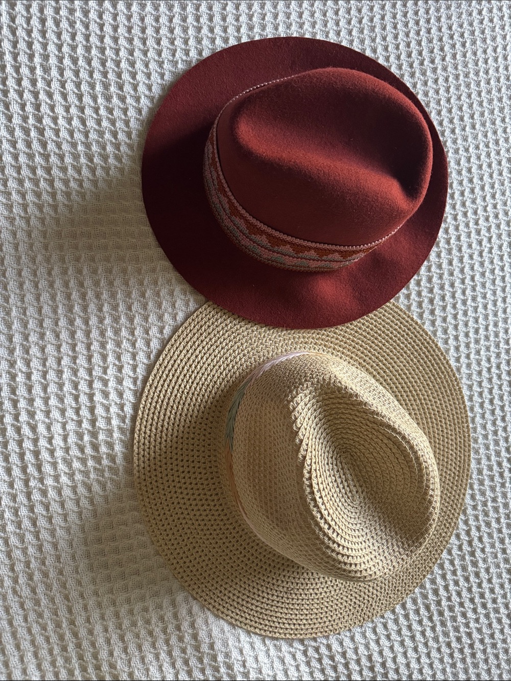 Set of Two Wide-Brim Fashion Hats - Rust and Natural Straw